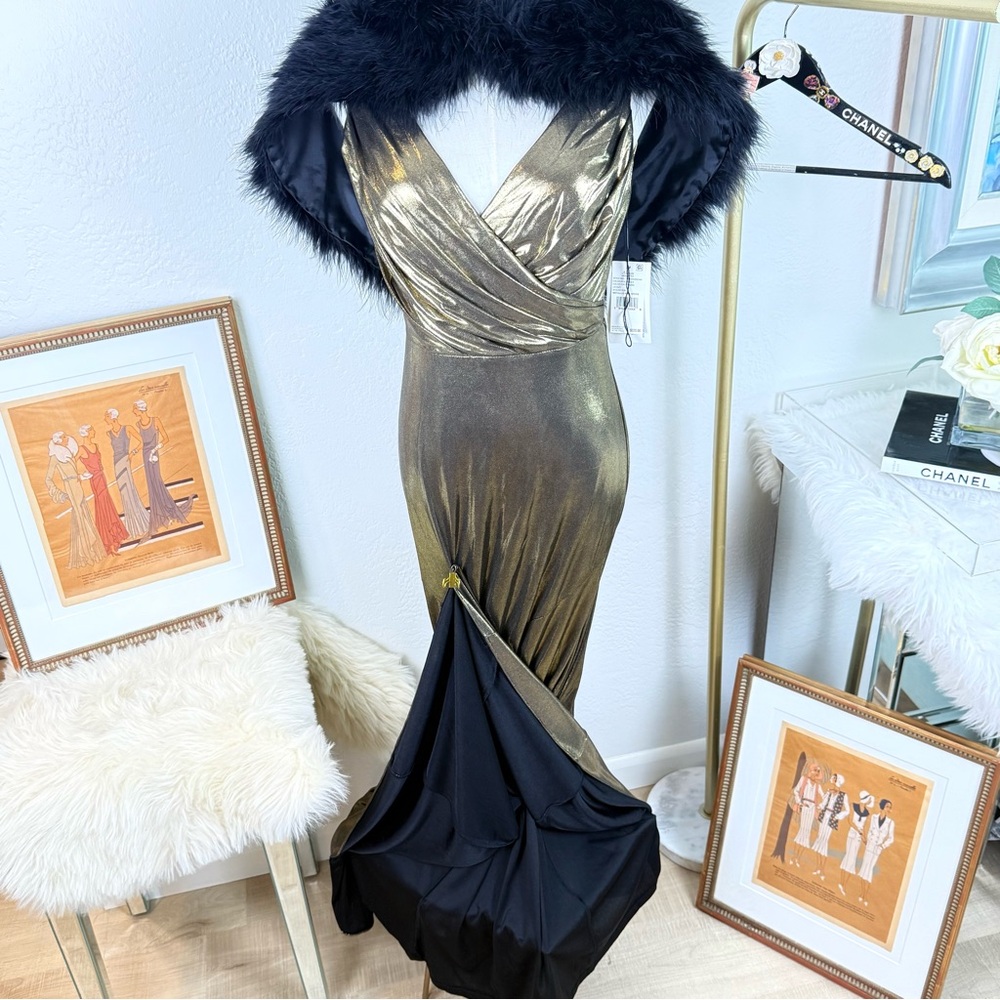 NWT Aidan Mattox Gold‎ Metallic Foiled V-Neck Evening Gown 2 Lame Glam Luxury - Picture 4 of 16